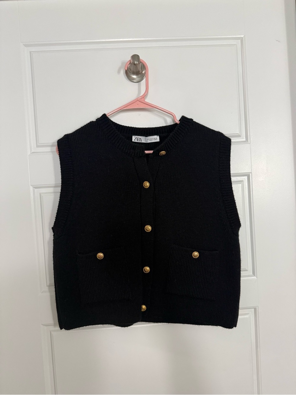ZARA Black Knit Button-Front Sweater Vest with Gold Buttons